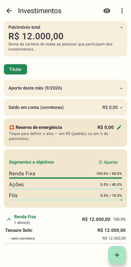 Tela de investimentos do Tranquility com o patrimônio por segmento, o objetivo em porcentagem de cada um e o painel de onde aportar.