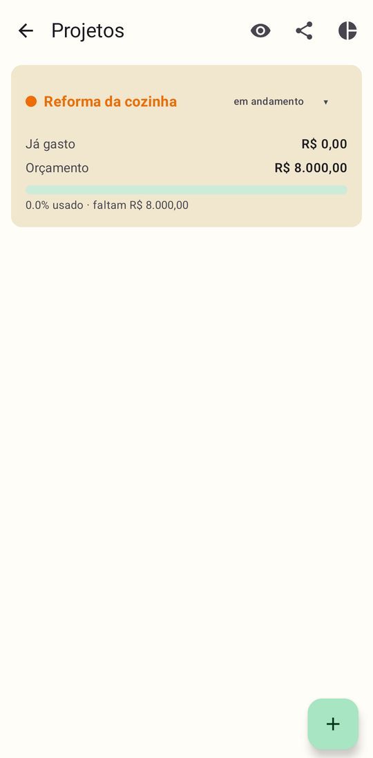 Tela de um projeto no Tranquility — a reforma do apartamento — com o total gasto, a divisão por frente de gasto e a lista de despesas com comprovante.