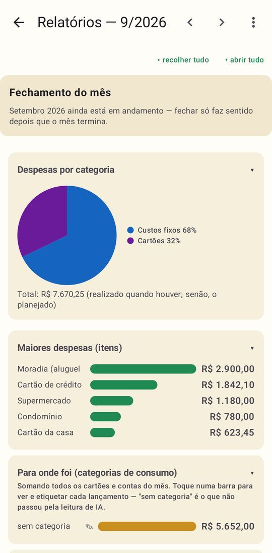Tela de relatórios do Tranquility com o gráfico de gastos por grupo do mês e a lista dos maiores itens.